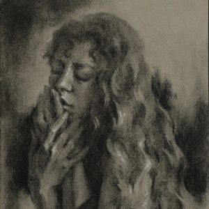 Charcoal drawing of a woman holding up her hands to her face, drawn on toned paper.