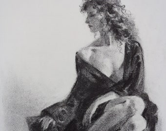 Original Charcoal Wall Art - Woman Draped in Black Satin Drawing (Not a Print)