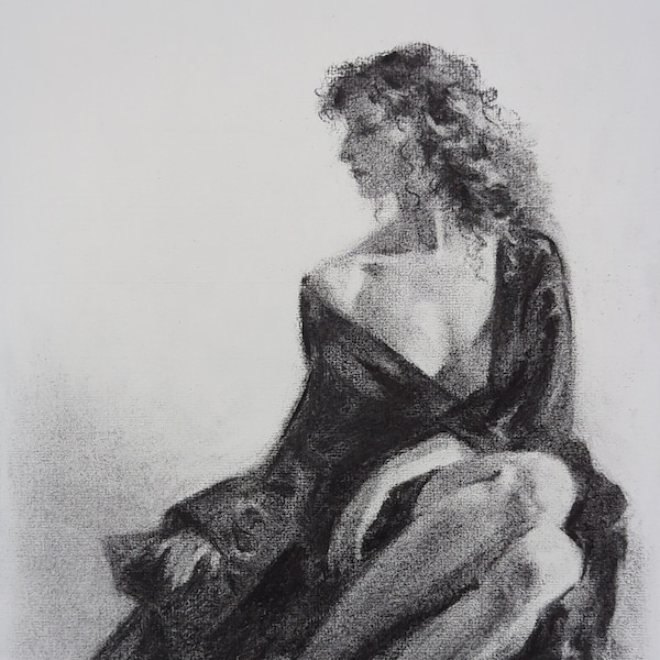 Original Charcoal Wall Art - Woman Draped in Black Satin Drawing (Not a Print)