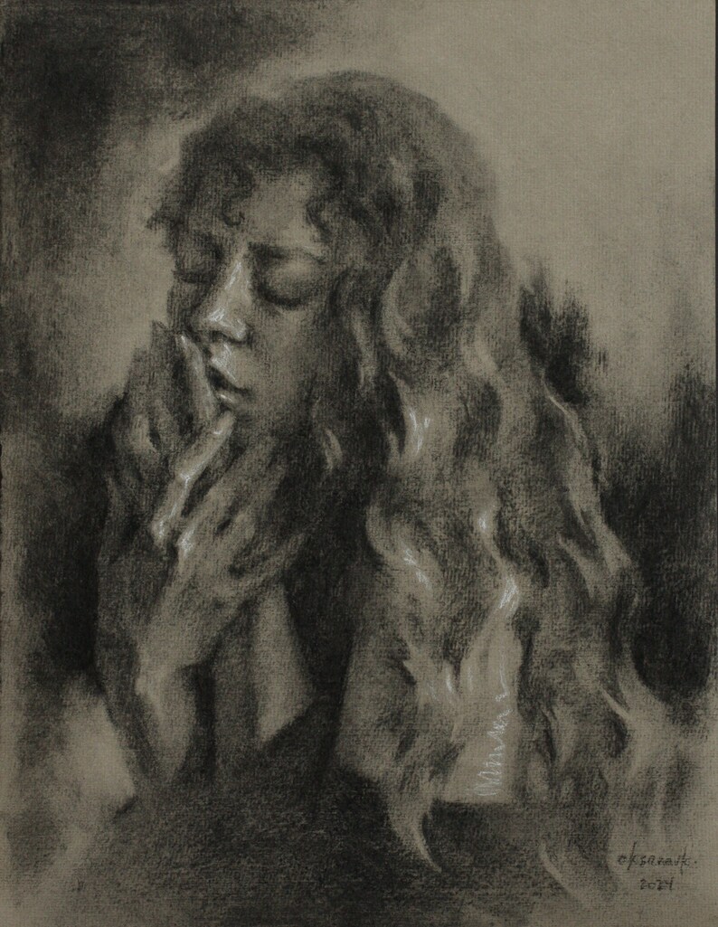 Charcoal drawing of a woman holding up her hands to her face, drawn on toned paper.