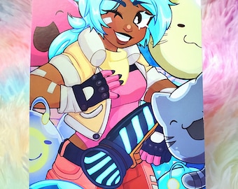 May include: A vibrant illustration features a smiling character with blue hair, wearing a pink top, orange pants, and a yellow jacket. Surrounding the character are several cartoonish, colorful creatures. The artwork has a playful and energetic vibe.