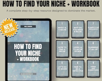 May include: A digital workbook titled "How to Find Your Niche + Workbook" displayed on a tablet. The cover features the title in bold white letters. Accompanying the tablet are nine smaller cards with numbered topics, including "What is a Niche" and "Competitor Research."