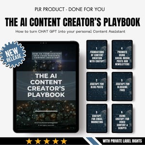 Peut inclure: Un produit numérique intitulé "The AI Content Creator's Playbook" affiché sur une tablette. Le texte de la couverture indique "Comment transformer CHAT GPT en votre assistant de contenu personnel." Des écrans supplémentaires détaillent la création de contenu.