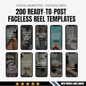 Puede incluir: Imagen promocional para marketing digital, con una cuadrícula de diez pantallas de teléfonos inteligentes que muestran plantillas de reels sin rostro. El texto dice "200 plantillas de reels sin rostro listas para publicar" y "Marketing digital - Reels sin rostro."