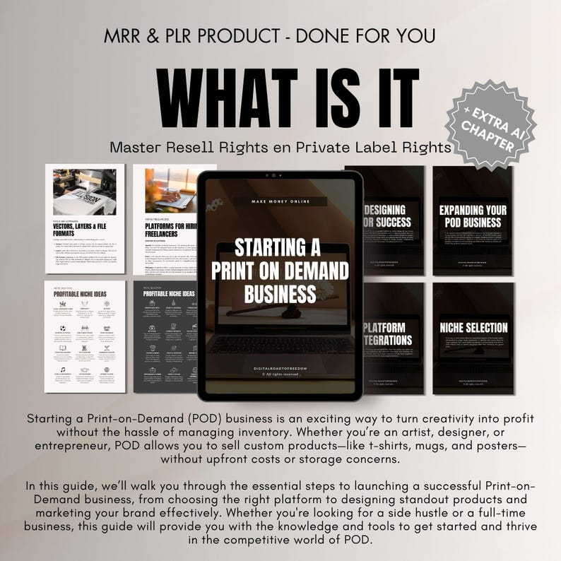 Are you ready to start and scale a successful Print-on-Demand (POD) business? This comprehensive 136-page guide covers everything you need to know, from selecting the perfect niche to designing high-converting products, choosing the best platforms