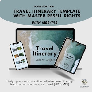 May include: A laptop, tablet, and smartphone display a travel itinerary template. The laptop screen shows a beach scene, while the tablet and phone showcase itinerary details. Text includes "Travel Itinerary" and "Bali Complete Guide". The image promotes a resalable travel template.
