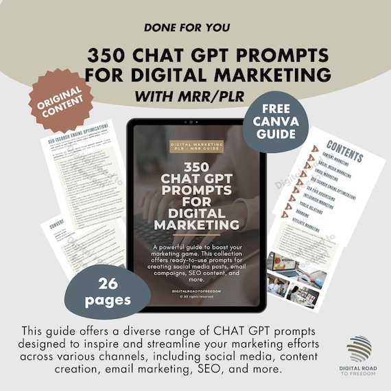 PLR Digital Product- 350 Chat GPT Prompts for Digital Marketing. With Master Resell Rights (MRR) and Private Label Rights -Digital Marketing