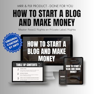 Op de afbeelding: Een digitale productgids met de titel "Hoe je een blog start en geld verdient" met een inhoudsopgave, een computerscherm, een tablet en een smartphone. De gids is een Master Resell Rights en Private Label Rights product.