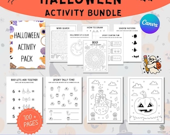 May include: A Halloween Activity Bundle with the text "Instant Download Halloween Activity Bundle". The bundle includes coloring pages, word searches, and counting activities. The bundle has over 100 pages and includes coloring, tracing, and dot marker activities.