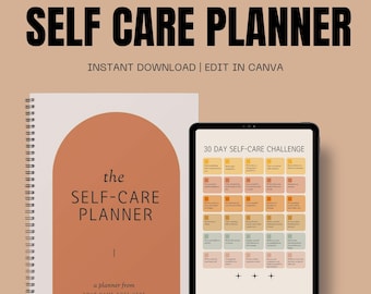 May include: A self-care planner with the text "SELF CARE PLANNER" and "30 DAY SELF-CARE CHALLENGE". The planner is spiral-bound with a peach-colored arch design. A tablet displays a 30-day self-care challenge.