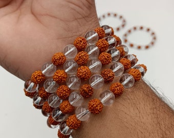 Natural Rudraksha With Crystal Bracelet, 8mm Round Beads Bracelet, Healing Bracelet