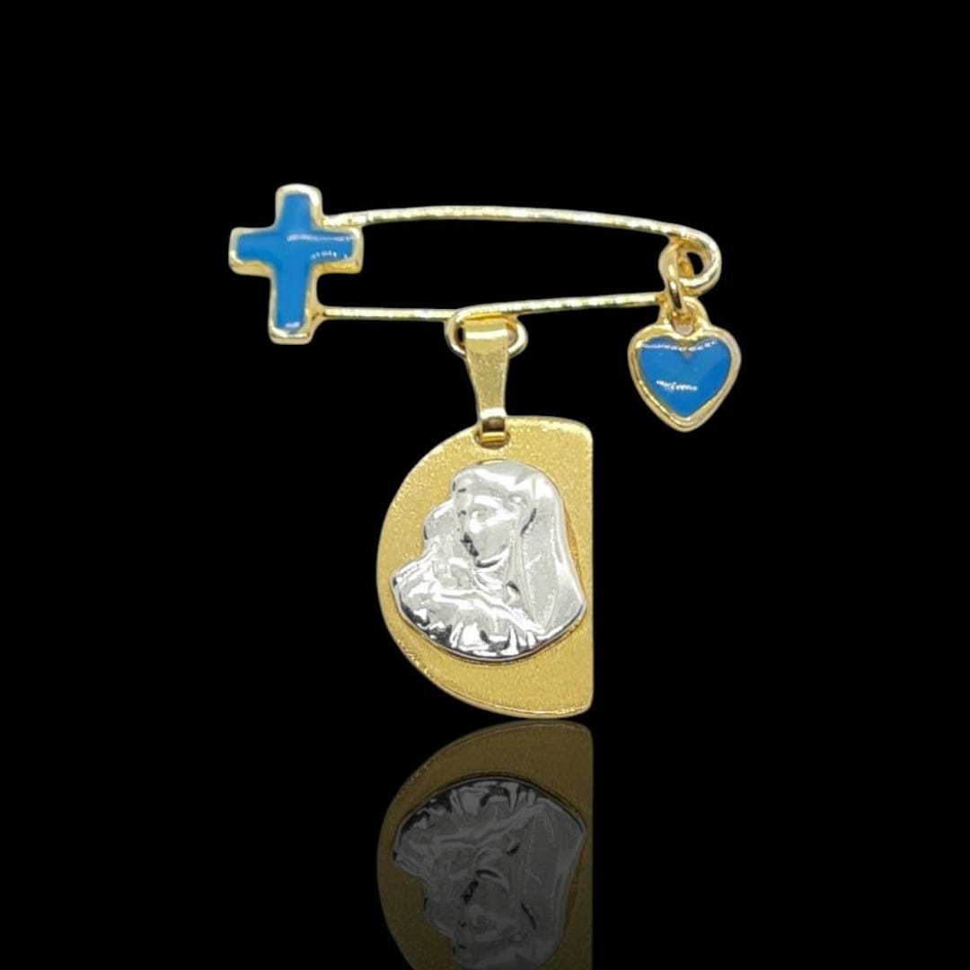 Sterling Silver Baptism Pin: Blue Evil Eye, Cross & Angel Charm - Etsy