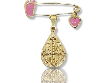 Baptism Gift Gold Plated Sterling Silver Christian Charm • Double Sided Safety pin for Boy/Girl - Religious Gift with Pink Details