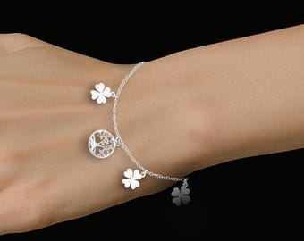 Platinum Plated Sterling Silver Bracelet: Tree of Life, Four-Leaf Clover