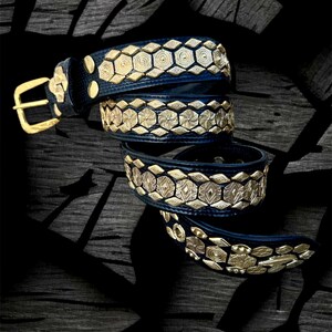 Unique Leather Belt Studded Belt I Decorated with Flats Studs Perfect for Festival BurningMan Solid Brass and Genuine Leather Handmade;Unise