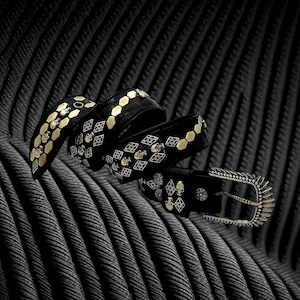 Black Leather Belt Studded Belt Decorated with Flats Studs Design and Skull Solid Brass Buckle And Genuine Leather Handmade:Unisex