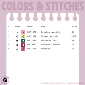 Op de afbeelding: Een tabel met de titel "COLORS & STITCHES" met kleurcodes, symbolen en namen voor kruissteekprojecten. De kleuren zijn onder meer Dusty Rose, Oud Goud en Aquamarijn. De tabel bevat ook het aantal steken voor elke kleur.