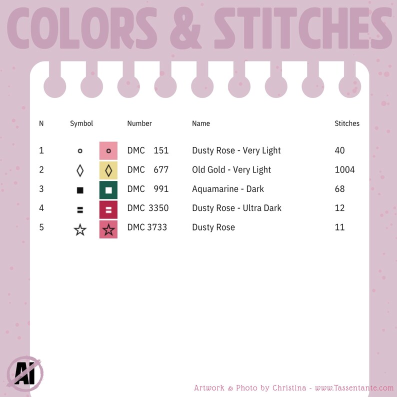 Op de afbeelding: Een tabel met de titel "COLORS & STITCHES" met kleurcodes, symbolen en namen voor kruissteekprojecten. De kleuren zijn onder meer Dusty Rose, Oud Goud en Aquamarijn. De tabel bevat ook het aantal steken voor elke kleur.