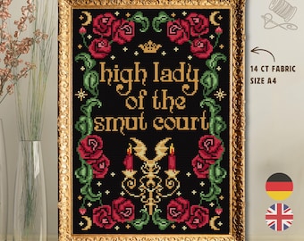 High Lady of the Smut Court Cross Stitch Pattern PDF, Romantasy Embroidery Design, Dark Romance Booktok Wall Art