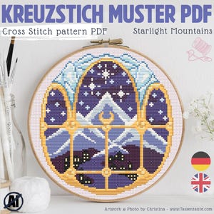 Romantasy Night Kingdom Cross Stitch Pattern PDF, Starlight Mountain Fantasy Embroidery, Booktok Inspired Needlework, Instant Download image 1