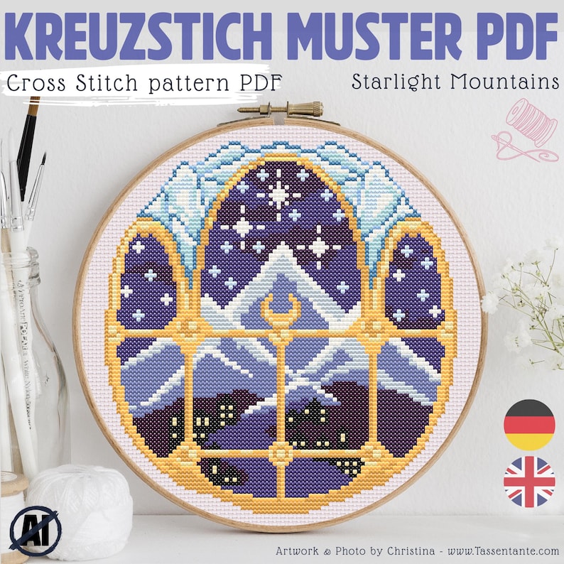 Romantasy Night Kingdom Cross Stitch Pattern PDF, Starlight Mountain Fantasy Embroidery, Booktok Inspired Needlework, Instant Download image 1