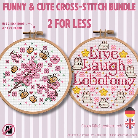 Funny Cute Cross Stitch Bundle PDF, 2 for Less Pattern Pack, Bee Floral Pattern, Meme Cross Stitch, Gift Idea DIY Embroidery