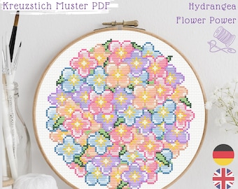 Op de afbeelding: Een kruissteekpatroon PDF met een kleurrijk hortensia-ontwerp, gepresenteerd in een houten borduurring. Het ontwerp toont een mix van pastelkleuren, waaronder roze, blauw en geel. De tekst "Hydrangea Flower Power" is zichtbaar.
