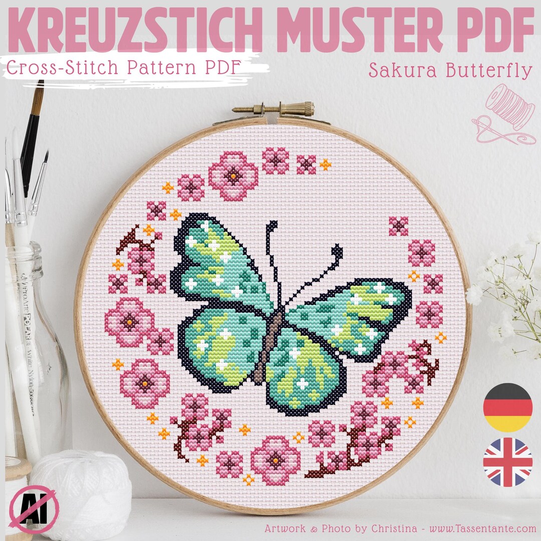Sakura Butterfly Cross Stitch Pattern PDF, Cherry Blossom Embroidery ...