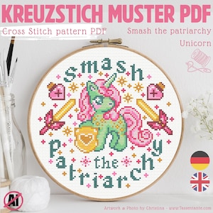 Patrón de punto de cruz "Aplastar el Patriarcado" en PDF, patrón de unicornio feminista, regalo feminista divertido, bonito punto de cruz para principiantes.