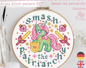 Smash the Patriarchy Cross Stitch Pattern PDF, Feminist Unicorn Pattern, Funny Feminism Gift, Cute Beginner Cross Stitch