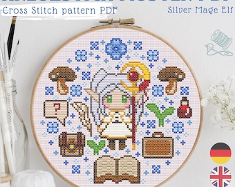 Silver Mage Elf Cross Stitch Pattern PDF, Anime Style Fantasy Wizard, Chibi RPG Character Embroidery, Instant Download