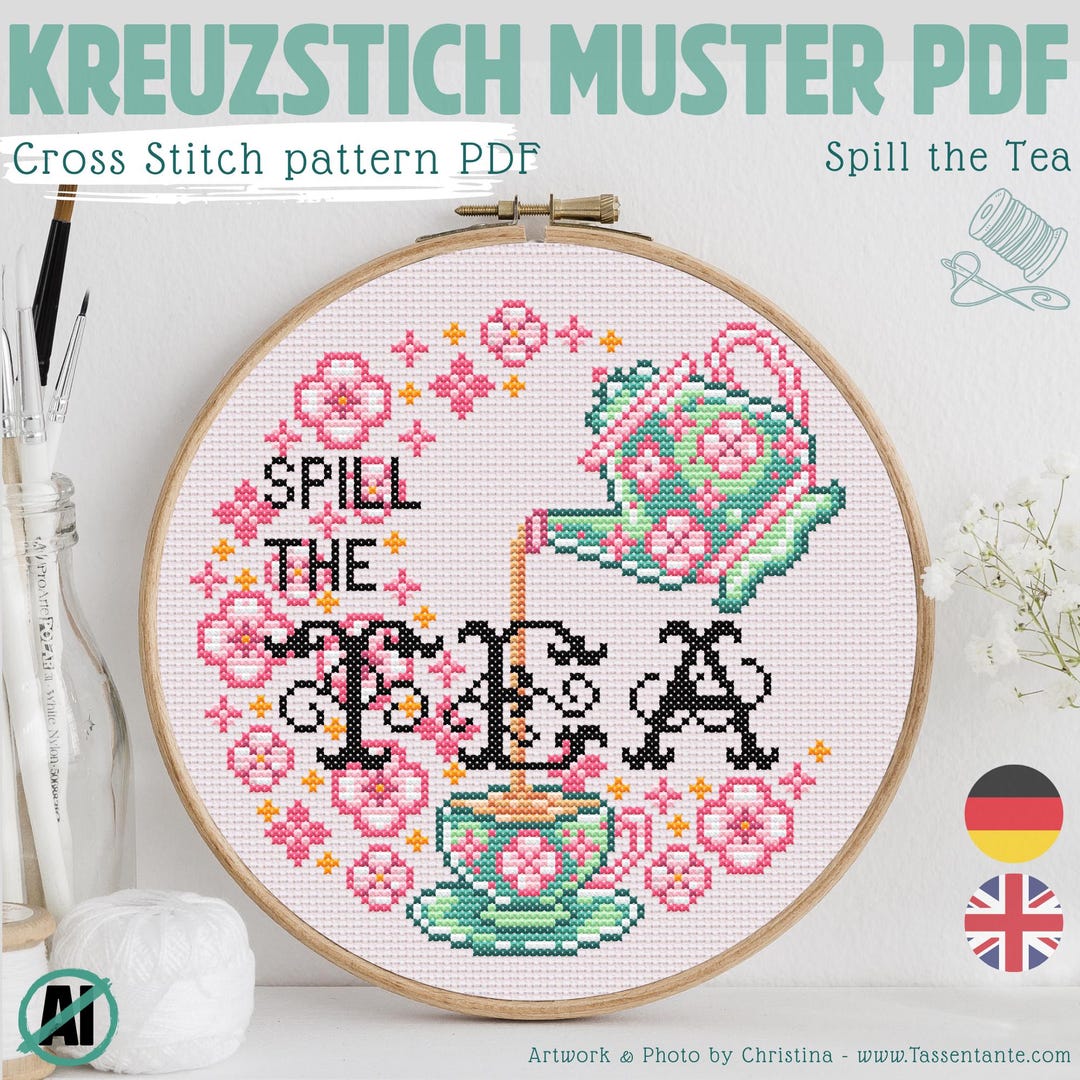 Spill the Tea Cross Stitch Pattern PDF, Funny Tea Lover Embroidery ...
