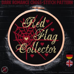 Könnte beinhalten: Ein Kreuzstichmuster in einem Holzrahmen mit dem Text "Red Flag Collector" in Creme und Rot. Ein rotes Spinnennetz-Design und Herzen zieren den schwarzen Hintergrund. Der Text "DARK ROMANCE CROSS-STITCH PATTERN" befindet sich oben.
