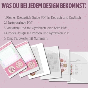 May include: A collection of printed cross-stitch pattern guides and charts. The guides are in English and German, with color charts and DMC color cards. The text on the top of the image says "WAS DU BEI JEDEM DESIGN BEKOMMST:" which translates to "WHAT YOU GET WITH EVERY DESIGN:"