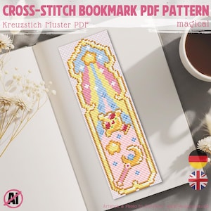 May include: A cross-stitch bookmark with a magical theme, featuring a design with a star, moon, and a character. The bookmark is pink, yellow, and blue, with the text "CROSS-STITCH BOOKMARK PDF PATTERN" at the top.
