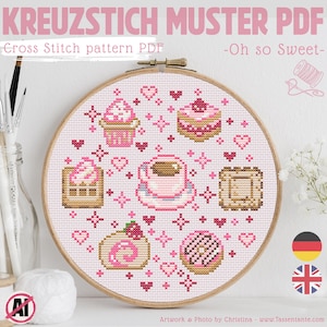 May include: A cross-stitch pattern PDF in a wooden hoop features a sweet design with pink desserts, hearts, and cross stitch details. The text "KREUZSTICH MUSTER PDF" and "Cross Stitch pattern PDF" are visible.