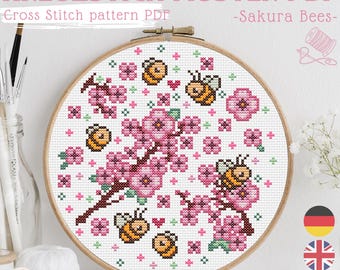 Sakura-bij kruissteekpatroon pdf, kersenbloesem kruissteek, schattige kawaii bijen, lente bloemenpatroon, kruissteek voor beginners