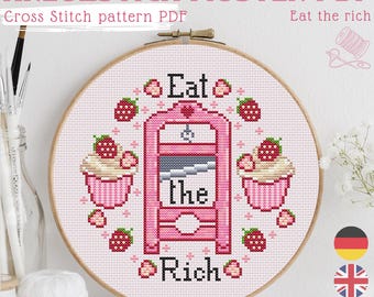 Eat The Rich Cross Stitch Pattern PDF, Funny Political Embroidery Chart, Strawberry Cottagecore Needlework, Instant Download