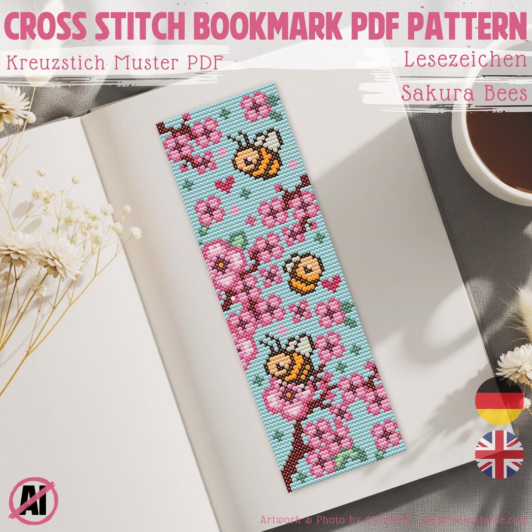 Cherry Blossom Bee Bookmark Cross Stitch Pattern PDF, Sakura Floral ...