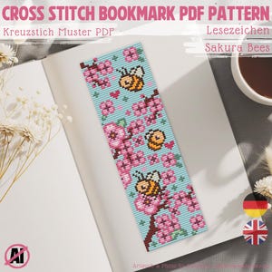 Könnte beinhalten: Ein Kreuzstich-Lesezeichen mit hellblauem Hintergrund, das rosa Kirschblüten und Cartoon-Bienen zeigt. Das Lesezeichen trägt den Text "Sakura Bees" und "Cross Stitch Bookmark PDF Pattern".