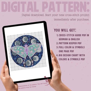 May include: A digital cross-stitch pattern displayed on a tablet. The pattern features a butterfly design in shades of blue, green, and purple, surrounded by moons. Text on the screen reads "DIGITAL PATTERN" and details about the digital download.
