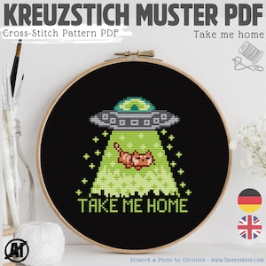 Katze UFO Kreuzstich Muster PDF, Lustige Alien Entführung Katze Stickvorlage „Take me home“