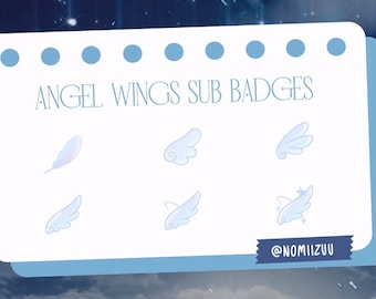 Peut inclure: Une carte blanche avec le texte "ANGEL WINGS SUB BADGES" en lettres bleues. La carte présente six illustrations d'ailes d'ange bleues et blanches, dont une plume, et le texte "@NOMIIZUU" en lettres bleues.