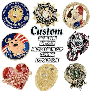 May include: A selection of custom enamel pins, keychains, and accessories. The pins showcase diverse designs, such as a lion, a bear, a wolf, and other emblems. The image also displays the word "Custom" and product types.