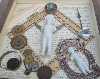 Art Assemblage including 2 old Glazed Dolls