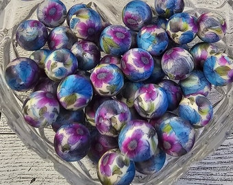 Purple Flower Printed Beads 15mm - 10 Count