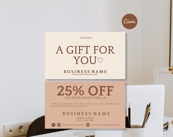 Plantilla de tarjeta de cupón, tarjeta promocional editable para pequeñas empresas (Canva), vale de regalo imprimible, 3,5 x 2 pulgadas