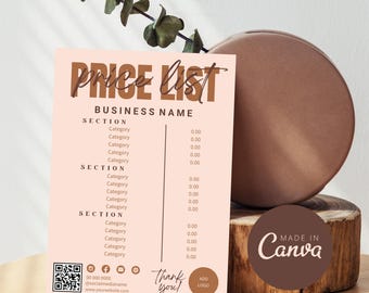 Price List Template, Small Business Price List, Canva Editable Price Sheet, Pricing List, Salon Price List, Download, Modern, Minimal