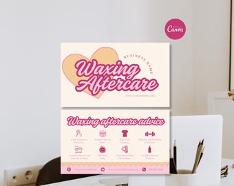Puede incluir: Una tarjeta de visita rectangular con fondo crema, un corazón amarillo grande y el texto rosa Waxing Aftercare. Debajo, una segunda sección enumera consejos de cuidado posterior a la depilación con ocho iconos rosas e instrucciones.