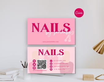 Mall för visitkort för naglar, redigerbart trendigt visitkort, utskrivbart QR-kods visitkortsdesign, Canva-mall för nagelsalongs varumärkesbyggande